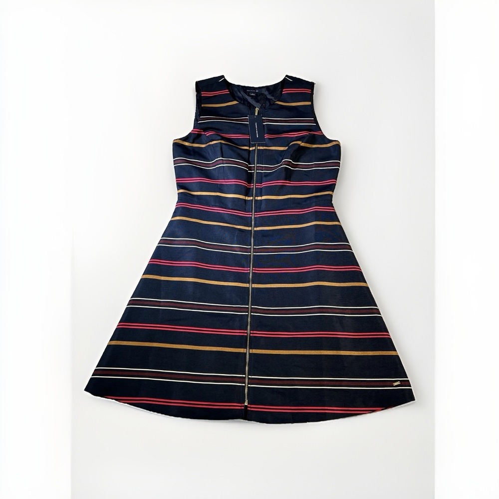 Tommy Hilfiger Zip Front A-Line Dress 10 Navy Striped Nautical Preppy Retro NWT